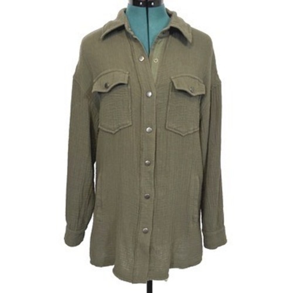 Avec Les Filles Women's Small Button Down Gauze Shirt Green Oversized